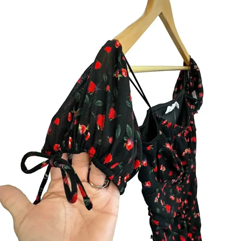 NWT All in Favor Ruched the Shoulder Mini dress Black with Red Rose Print. SZ SM - Picture 7 of 10